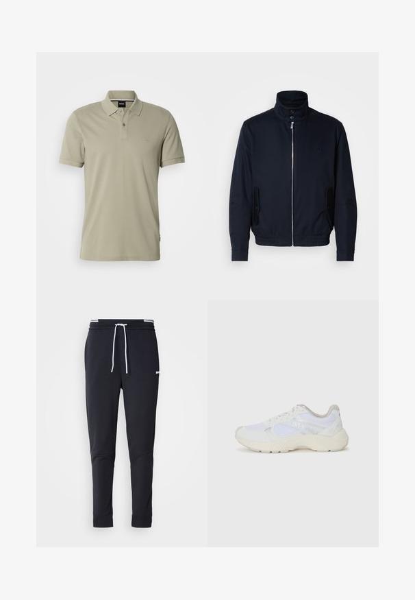 Námořnická modrá bunda s vysokým límcem, předním zipem, bočními kapsami a vroubkovanými manžetami. Hladká textura s jemným logem na hrudi.; Polo tričko ve světle olivově zelené barvě, s krátkým rukávem, vyrobené z měkké tkaniny. Má dvouknoflíkovou légu a jemné logo na levé straně hrudi.; Černé slim-fit jogger kalhoty s bílým stahovacím proužkem, elastickým pasem s bílými pruhy a malým bílým logem na horní části stehna.; Bílé sportovní boty vyrobené z síťoviny a semiše, s texturovanou mezipodešví, texturovanými akcenty a logem "HUGO" na boku.