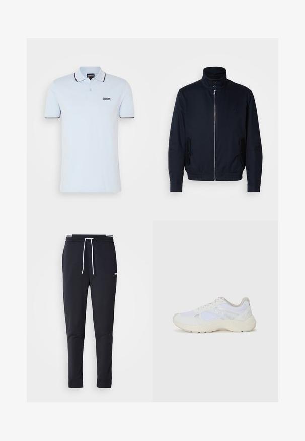 Casaco azul marinho com colarinho alto, fecho éclair frontal, bolsos laterais e punhos canelados. Textura suave com um detalhe logo discreto no peito.; Polo de cor azul claro, feito de algodão, com colarinho clássico, fecho de dois botões e acabamentos em azul marinho contrastantes nas mangas e no colarinho.; Calças de jogger ajustadas pretas com cordão branco, cintura elástica com riscas brancas e pequeno logo branco na parte superior da coxa.; Ténis brancos desportivos feitos de malha e camurça, com uma entressola texturizada, elementos texturizados e o logótipo "HUGO" na lateral.