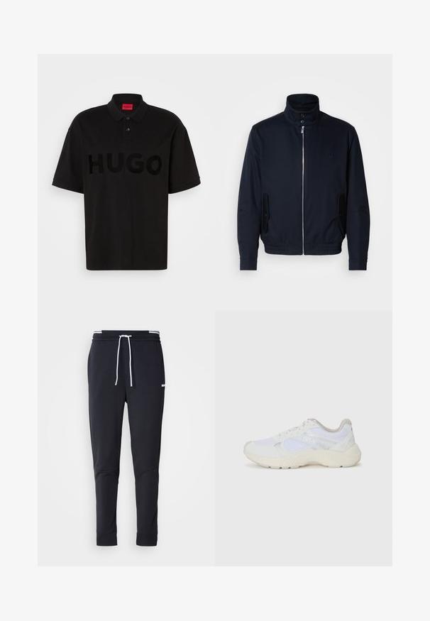 Casaco azul marinho com colarinho alto, fecho éclair frontal, bolsos laterais e punhos canelados. Textura suave com um detalhe logo discreto no peito.; Polo preto feito de algodão, apresentando um grande logótipo "HUGO" tonal na frente, colarinho de duas casas e mangas curtas.; Calças de jogger ajustadas pretas com cordão branco, cintura elástica com riscas brancas e pequeno logo branco na parte superior da coxa.; Ténis brancos desportivos feitos de malha e camurça, com uma entressola texturizada, elementos texturizados e o logótipo "HUGO" na lateral.
