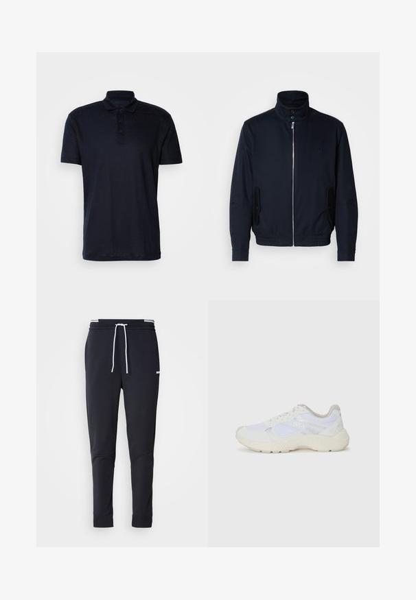 Casaco azul marinho com colarinho alto, fecho éclair frontal, bolsos laterais e punhos canelados. Textura suave com um detalhe logo discreto no peito.; Camisola polo azul-marinho feita de tecido suave, apresentando um colarinho, abertura com três botões e mangas curtas. Textura lisa, design minimalista.; Calças de jogger ajustadas pretas com cordão branco, cintura elástica com riscas brancas e pequeno logo branco na parte superior da coxa.; Ténis brancos desportivos feitos de malha e camurça, com uma entressola texturizada, elementos texturizados e o logótipo "HUGO" na lateral.