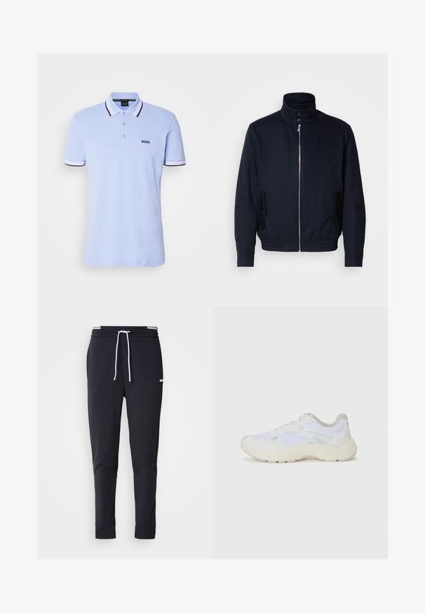 Marineblå jakke med høy krage, glidelås foran, sidelommer og ribbestrikkede mansjetter. Glatt tekstur med en subtil logo detaljer på brystet.; BOSS PADDY - Poloskjorter - light pastel blue; Sorte slim-fit joggebukser med hvit snor, elastisk midjebånd med hvite striper, og en liten hvit logo på overlåret.; Hvit idrettssko laget av mesh og skinn, med en teksturert mellomsåle, teksturerte detaljer og "HUGO"-logo på siden.