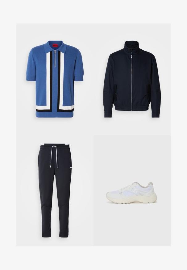 Marineblå jakke med høy krage, glidelås foran, sidelommer og ribbestrikkede mansjetter. Glatt tekstur med en subtil logo detaljer på brystet.; Kortsleeve polo i blått med glidelås, med iøynefallende svarte og hvite geometriske striper og en teksturert strikket stoff. Rød label ved kragen.; Sorte slim-fit joggebukser med hvit snor, elastisk midjebånd med hvite striper, og en liten hvit logo på overlåret.; Hvit idrettssko laget av mesh og skinn, med en teksturert mellomsåle, teksturerte detaljer og "HUGO"-logo på siden.