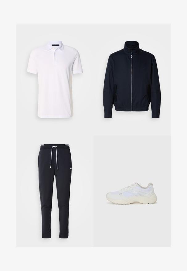 Casaco azul marinho com colarinho alto, fecho éclair frontal, bolsos laterais e punhos canelados. Textura suave com um detalhe logo discreto no peito.; Polo branco de manga curta com três botões e gola, exibido sobre um fundo cinza claro liso.; Calças de jogger ajustadas pretas com cordão branco, cintura elástica com riscas brancas e pequeno logo branco na parte superior da coxa.; Ténis brancos desportivos feitos de malha e camurça, com uma entressola texturizada, elementos texturizados e o logótipo "HUGO" na lateral.