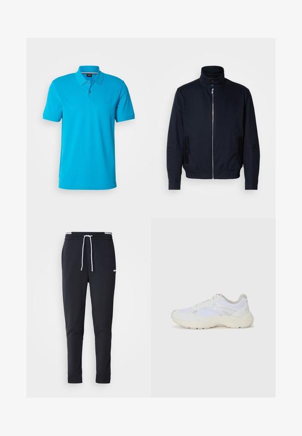 Marinblå jacka med hög krage, frontdragkedja, sidofickor och ribbade ärmar. Slät textur med en diskret logodetalj på bröstet.; Turkos polo skjorta i bomull, med en knäppning med två knappar, korta ärmar och en diskret broderad logotyp på bröstet.; Svarta slim-fit joggerbyxor med vit dragsko, elastisk midja med vita ränder och en liten vit logotyp på övre låret.; Vitaidrottsskor i mesh och mocka med en strukturerad mellansula, texturerade accenter och "HUGO"-logotypen på sidan.