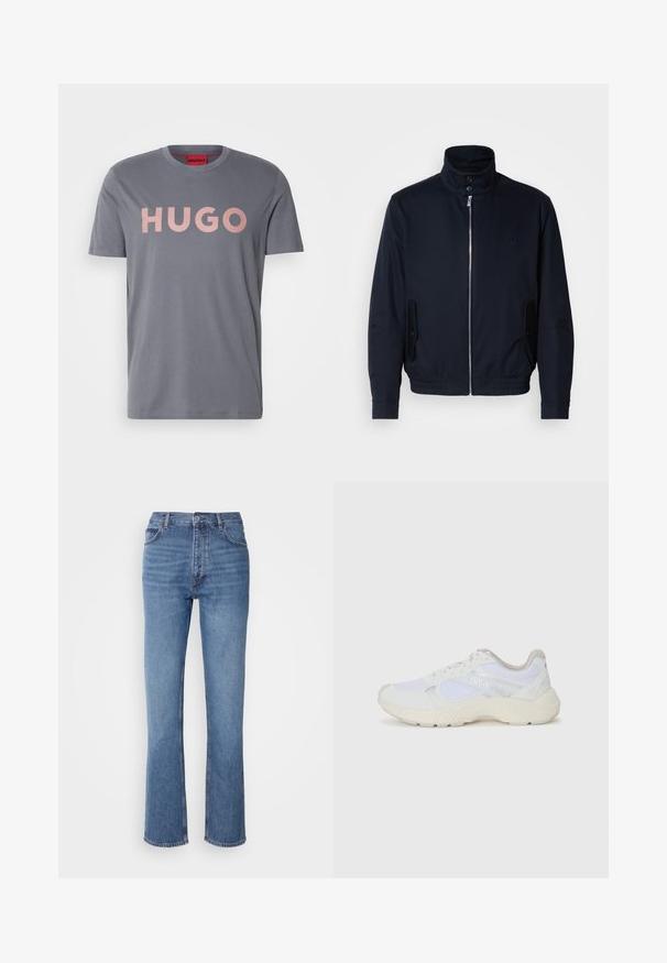 Námořnická modrá bunda s vysokým límcem, předním zipem, bočními kapsami a vroubkovanými manžetami. Hladká textura s jemným logem na hrudi.; Šedé bavlněné tričko s krátkým rukávem, s velkým světle růžovým nápisem "HUGO" potisknutým na přední straně a kulatým výstřihem.; Modré denimové džíny s vysokým pasem, rovnými nohavicemi a jemným vyblednutím. Mají klasický pětikusový styl a zapínání na zip.; Bílé sportovní boty vyrobené z síťoviny a semiše, s texturovanou mezipodešví, texturovanými akcenty a logem "HUGO" na boku.