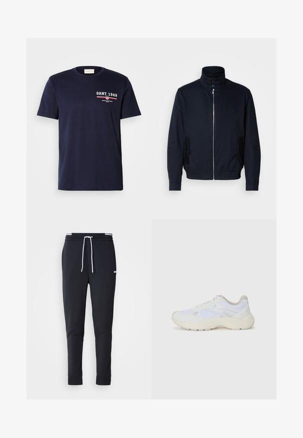Mornarsko moder plašč z visokim ovratnikom, sprednjim zadrge, stranskimi žepi in rebrastimi manšetami. Gladka tekstura s subtilno detajlom logotipa na prsih.; Temno modra bombažna majica s kratkimi rokavi, ki ima bel logo "GANT 1949" in rdeče detajle, kroja z okroglo ovratnikom, gladko teksturo, osnovni kroj.; Črne slim-fit jogger hlače z belo vrvico, elastičnim pasom z belimi črtami in majhnim belim logotipom na zgornjem stegnu.; Bela športna obuvala iz mrežastega in semiš materiala, z teksturiranim podplatom, teksturiranimi dodatki in logotipom "HUGO" na strani.