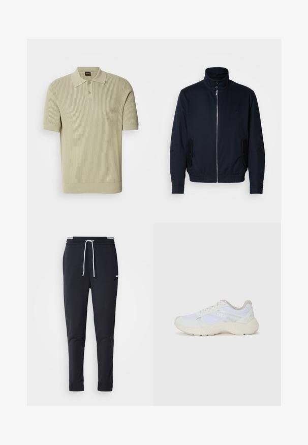 Marineblå jakke med høy krage, glidelås foran, sidelommer og ribbestrikkede mansjetter. Glatt tekstur med en subtil logo detaljer på brystet.; Lysegrønn ribbestrikket polo-skjorte med korte ermer, med en knappestolpe og flat krage. Myk strikket tekstur med en tettsittende passform.; Sorte slim-fit joggebukser med hvit snor, elastisk midjebånd med hvite striper, og en liten hvit logo på overlåret.; Hvit idrettssko laget av mesh og skinn, med en teksturert mellomsåle, teksturerte detaljer og "HUGO"-logo på siden.
