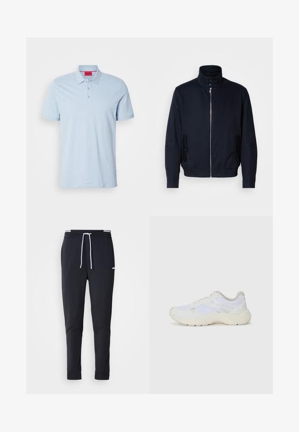 Granatowa kurtka z wysokim kołnierzem, przednim zamkiem, bocznymi kieszeniami i ściągaczami na mankietach. Gładka tekstura z subtelnym logo na klatce piersiowej.; Jasnoniebieska polówka z bawełny, z kołnierzykiem, trzema guzikami z przodu i haftowanym logo na piersi. Krótkie rękawy.; Czarne, dopasowane spodnie dresowe z białym sznurkiem zaciskowym, elastycznym pasem w białe paski oraz małym białym logo na górnej części uda.; Białe sportowe buty wykonane z siateczki i zamszu, z teksturowaną podeszwą środkową, teksturowanymi akcentami i logo "HUGO" z boku.