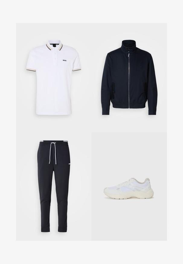 Marinblå jacka med hög krage, frontdragkedja, sidofickor och ribbade ärmar. Slät textur med en diskret logodetalj på bröstet.; Vit polotröja med klassisk krage, med en treknappsslutning, mörk kant på ärmarna och en svart broderad logotyp på bröstet.; Svarta slim-fit joggerbyxor med vit dragsko, elastisk midja med vita ränder och en liten vit logotyp på övre låret.; Vitaidrottsskor i mesh och mocka med en strukturerad mellansula, texturerade accenter och "HUGO"-logotypen på sidan.