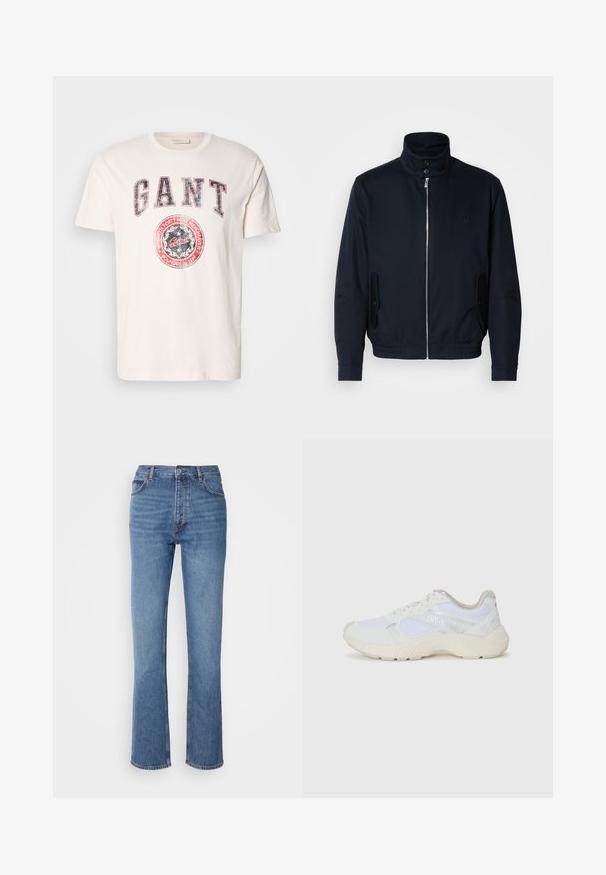 Navy blue jacket with a high collar, front zipper, side pockets, and ribbed cuffs. Smooth texture with a subtle logo detail on the chest.; Cream cotton t-shirt with short sleeves. Features bold red and blue "GANT" text and a circular logo graphic with "founded in 1949."; Blue denim jeans with a high waist, straight-leg design, and subtle fading. Features classic five-pocket styling and a zip fly closure.; White athletic shoes made of mesh and suede, featuring a textured midsole, textured accents, and "HUGO" logo on the side.