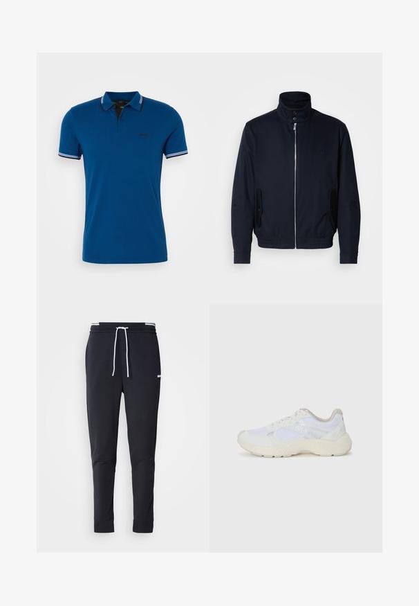 Námořnická modrá bunda s vysokým límcem, předním zipem, bočními kapsami a žebrovanými manžetami. Hladká textura s jemným logem na hrudi.; Modrá polo tričko vyrobené z bavlny, s čiernym golierom s bielymi pruhmi, krátkymi rukávmi a malým logom na hrudi.; Čierne slim-fit jogger nohavice s bielym šnurovaním, elastickým pásom s bielymi pruhmi a malým bielym logom na hornej stehne.; Biele atletické topánky vyrobené z materiálov sieťoviny a semišu, s textúrovanou strednou podošvou, textúrovanými akcentmi a logom "HUGO" na boku.