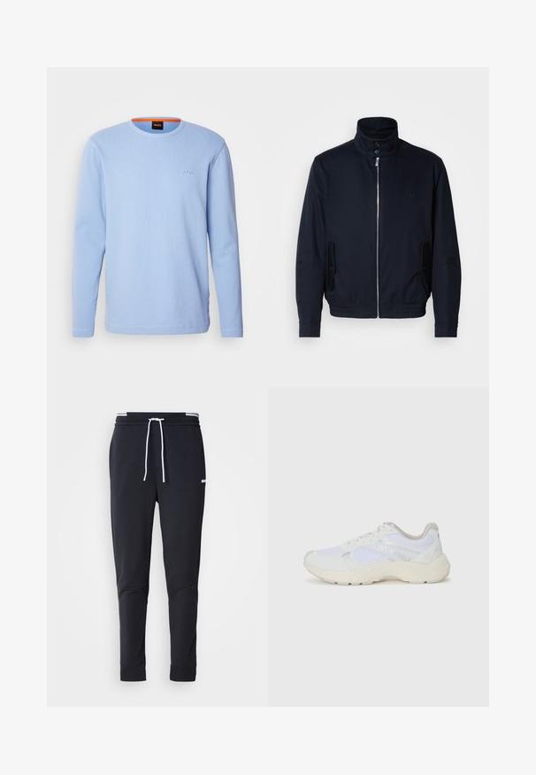 Navy blue jacket with a high collar, front zipper, side pockets, and ribbed cuffs. Smooth texture with a subtle logo detail on the chest.; Light blue long-sleeve T-shirt with a textured fabric, ribbed neckline, and an embroidered logo on the chest in a matching color.; Black slim-fit jogger pants with white drawstring, elastic waistband with white stripes, and small white logo on the upper thigh.; White athletic shoes made of mesh and suede, featuring a textured midsole, textured accents, and "HUGO" logo on the side.