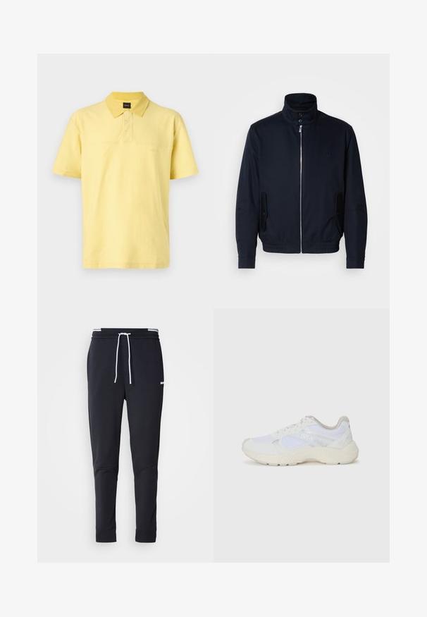 Jūras zils žakets ar augstu apkakli, priekšējo rāvējslēdzi, sānu kabatām un ribotajiem piedurknēm. Gluda tekstūra ar nelielu logotipa detaļu uz krūšu.; Dzeltena kokvilnas polo krekls ar pogājamu apkakli, īsām piedurknēm un smalku izšūtu logotipu uz krūtīm.; Melnas pieguļošas jogger bikses ar baltu auklu, elastīgu jostasvietu ar baltām svītrām un mazu baltu logotipu augšstilbā.; Baltas sporta apavi, kas izgatavoti no sieta un zamšāda, ar teksturētu starpzoli, teksturētām akcentēm un "HUGO" logo sānos.