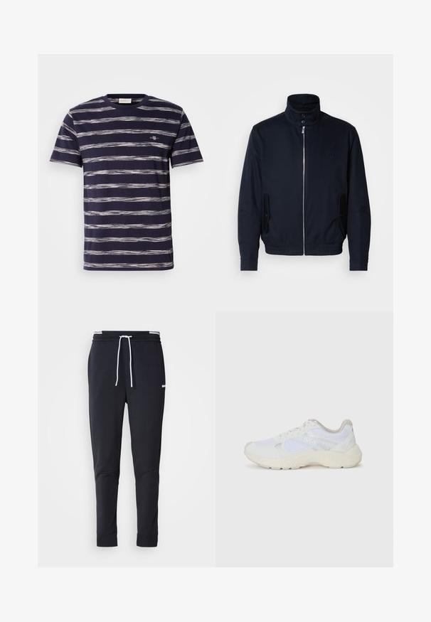 Námořnická modrá bunda s vysokým límcem, předním zipem, bočními kapsami a vroubkovanými manžetami. Hladká textura s jemným logem na hrudi.; Námořnická modrá tričko s krátkým rukávem s horizontálními bílými a světle šedými pruhy; obsahuje malé logo na hrudi. Měkká bavlněná látka.; Černé slim-fit jogger kalhoty s bílým stahovacím proužkem, elastickým pasem s bílými pruhy a malým bílým logem na horní části stehna.; Bílé sportovní boty vyrobené z síťoviny a semiše, s texturovanou mezipodešví, texturovanými akcenty a logem "HUGO" na boku.