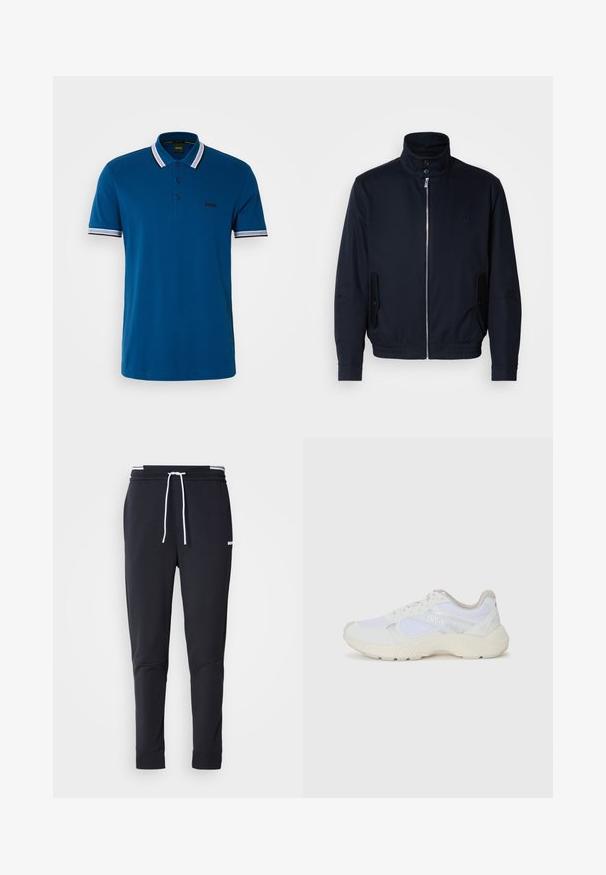 Marinblå jacka med hög krage, frontdragkedja, sidofickor och ribbade ärmar. Slät textur med en diskret logodetalj på bröstet.; BOSS PADDY - Piké - open blue; Svarta slim-fit joggerbyxor med vit dragsko, elastisk midja med vita ränder och en liten vit logotyp på övre låret.; Vitaidrottsskor i mesh och mocka med en strukturerad mellansula, texturerade accenter och "HUGO"-logotypen på sidan.