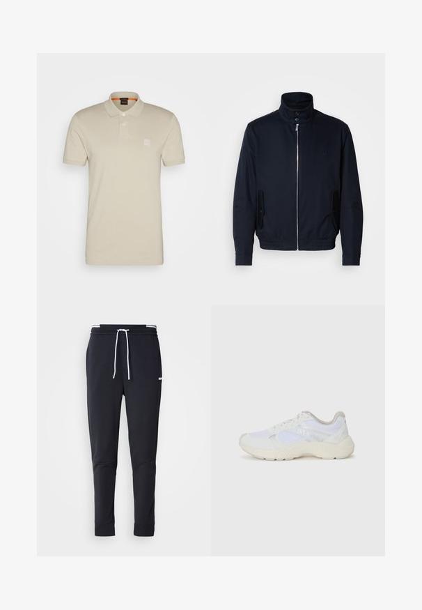 Casaco azul marinho com colarinho alto, fecho éclair frontal, bolsos laterais e punhos canelados. Textura suave com um detalhe logo discreto no peito.; Camisola polo bege feita de tecido macio, com colarinho, três botões e um emblema no lado esquerdo do peito. Mangas curtas e um design clean.; Calças de jogger ajustadas pretas com cordão branco, cintura elástica com riscas brancas e pequeno logo branco na parte superior da coxa.; Ténis brancos desportivos feitos de malha e camurça, com uma entressola texturizada, elementos texturizados e o logótipo "HUGO" na lateral.