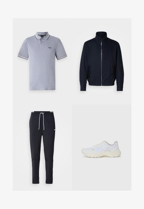 Námořnická modrá bunda s vysokým límcem, předním zipem, bočními kapsami a vroubkovanými manžetami. Hladká textura s jemným logem na hrudi.; Světlá šedá polokošile s klasickým límečkem, s bílými a tmavě modrými pruhovanými akcenty na límci a rukávech, a jemným logem na hrudi.; Černé slim-fit jogger kalhoty s bílým stahovacím proužkem, elastickým pasem s bílými pruhy a malým bílým logem na horní části stehna.; Bílé sportovní boty vyrobené z síťoviny a semiše, s texturovanou mezipodešví, texturovanými akcenty a logem "HUGO" na boku.