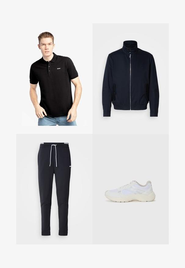 Granatowa kurtka z wysokim kołnierzem, przednim zamkiem, bocznymi kieszeniami i ściągaczami na mankietach. Gładka tekstura z subtelnym logo na klatce piersiowej.; Czarna koszulka polo z kołnierzykiem, krótkimi rękawami i trzema guzikami. Na lewej piersi znajduje się białe logo "HUGO". Wykonana z miękkiej bawełny.; Czarne, dopasowane spodnie dresowe z białym sznurkiem zaciskowym, elastycznym pasem w białe paski oraz małym białym logo na górnej części uda.; Białe sportowe buty wykonane z siateczki i zamszu, z teksturowaną podeszwą środkową, teksturowanymi akcentami i logo "HUGO" z boku.