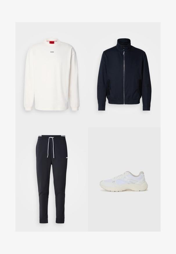 Tengerészkék dzseki magas gallérral, elülső cipzárral, oldalsó zsebekkel és bordázott mandzsettákkal. Sima felület, amelyen diszkrét logórészlet található a mellrészen.; Fehér, hosszú ujjas pulóver, 100% pamutból készült. Kerek nyakrésszel, bordás mandzsettával rendelkezik, és a mellkasán egy kis fekete "HUGO" logó található. Piros belső címke.; Fekete, slim-fit rakott nadrág fehér zsinórral, elasztikus derékpánttal, fehér csíkokkal, és kisebb fehér logóval a comb felső részén.; Fehér sportcipők, amelyek hálós és velúr anyagból készültek, texturált középtalppal, texturált részletekkel és a "HUGO" logóval az oldalon.