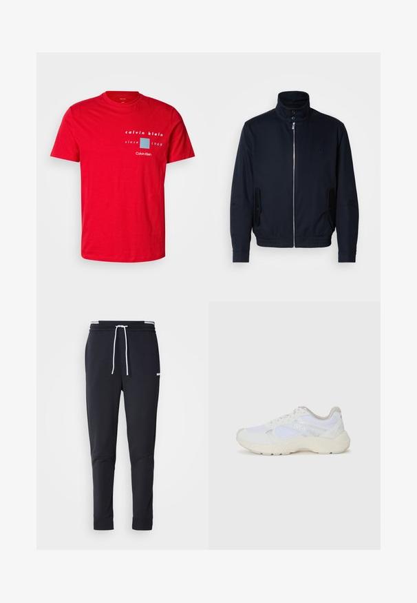 Tumesinine jope, millel on kõrge krae, ees tõmblukk, küljetaskud ja soonikkoes varrukad. Sile tekstuur koos õrnalt logo detailiga rinna piirkonnas.; Punane puuvillane T-särk, millel on ringsuuline kaelus, lühikesed varrukad ja valge ja sinine trükitud logo, mille all on tekst "alates 1968".; Mustad must-fit spordipüksid valge paelaga, elastse vöökohtaga valgete triipudega ja väikese valge logoga ülemisel reiel.; Valged sportlikud jalanõud, mis on valmistatud võrkkangast ja seemisnahast, sisaldavad tekstureeritud vahetald, tekstureeritud aktsentide ning küljes oleva "HUGO" logo.