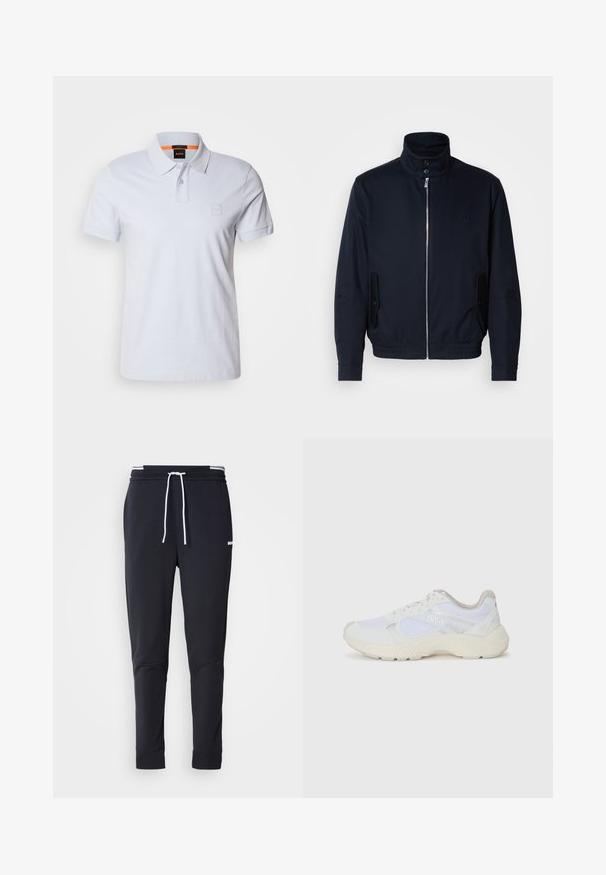 Casaco azul marinho com colarinho alto, fecho éclair frontal, bolsos laterais e punhos canelados. Textura suave com um detalhe logo discreto no peito.; Camisola polo branca com colarinho, mangas curtas e um discreto logo emblema. Feita de algodão, com uma textura suave e um design clássico.; Calças de jogger ajustadas pretas com cordão branco, cintura elástica com riscas brancas e pequeno logo branco na parte superior da coxa.; Ténis brancos desportivos feitos de malha e camurça, com uma entressola texturizada, elementos texturizados e o logótipo "HUGO" na lateral.