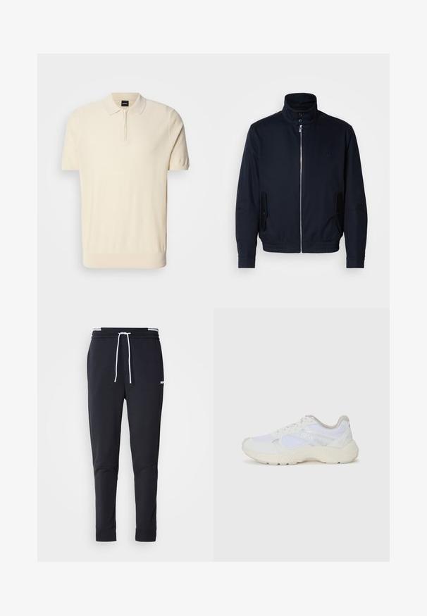 Námořnická modrá bunda s vysokým límcem, předním zipem, bočními kapsami a vroubkovanými manžetami. Hladká textura s jemným logem na hrudi.; Pánská polokošile s krátkým rukávem v světle béžové barvě, vyrobená z měkkého pleteného materiálu. Disponuje límečkem na půl zip a přiléhavým střihem s žebrovaným lemem.; Černé slim-fit jogger kalhoty s bílým stahovacím proužkem, elastickým pasem s bílými pruhy a malým bílým logem na horní části stehna.; Bílé sportovní boty vyrobené z síťoviny a semiše, s texturovanou mezipodešví, texturovanými akcenty a logem "HUGO" na boku.
