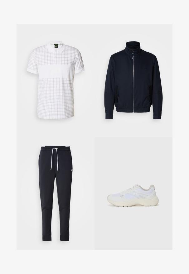 Marineblaue Jacke mit hohem Kragen, Vorderreißverschluss, seitlichen Taschen und gerippten Bündchen. Glatte Textur mit einem dezenten Logodetail auf der Brust.; Weißes Polo-Shirt mit Karomuster in Dunkelgrau, mit kontrastierendem Kragen und Bündchen, Logo in der Mitte und kurzen Ärmeln.; Schwarze Slim-Fit-Jogginghose mit weißem Kordelzug, elastischem Bund mit weißen Streifen und kleinem weißen Logo am oberen Oberschenkel.; Weiße Sportschuhe aus Mesh und Wildleder, mit einer strukturierten Zwischensohle, strukturierten Akzenten und dem "HUGO"-Logo an der Seite.