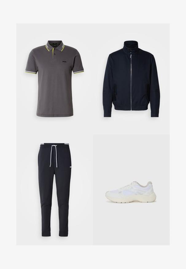 Laivansinis takki, jossa on korkea kaulus, edessä vetoketju, sivutaskut ja ribattu hihansuu. Sileä pinta, jossa on hienovarainen logo-ominaisuus rinnassa.; Miesten harmaa polo-paita, joka on valmistettu puuvillasta. Paita sisältää kauluksen, jossa on keltaisia ja valkoisia yksityiskohtia, kaksi nappia ja pieni musta logo rinnassa.; Mustat slim-fit collegehousut, joissa on valkoinen naru, joustava vyötärö valkoisilla raidoilla ja pieni valkoinen logo reiden yläosassa.; Valkoiset urheilukengät, jotka on valmistettu verkkokankaasta ja mokasta, sisältävät tekstuurillisen välipohjan, teksturoituja yksityiskohtia ja "HUGO"-logon sivussa.