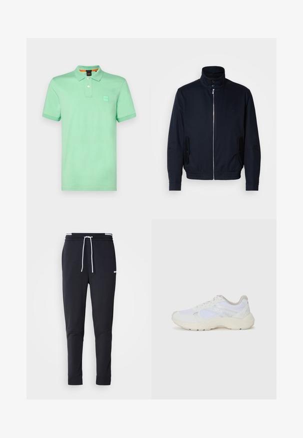 Marineblå jakke med høy krage, glidelås foran, sidelommer og ribbestrikkede mansjetter. Glatt tekstur med en subtil logo detaljer på brystet.; BOSS PASSENGER - Poloskjorter - open green; Sorte slim-fit joggebukser med hvit snor, elastisk midjebånd med hvite striper, og en liten hvit logo på overlåret.; Hvit idrettssko laget av mesh og skinn, med en teksturert mellomsåle, teksturerte detaljer og "HUGO"-logo på siden.