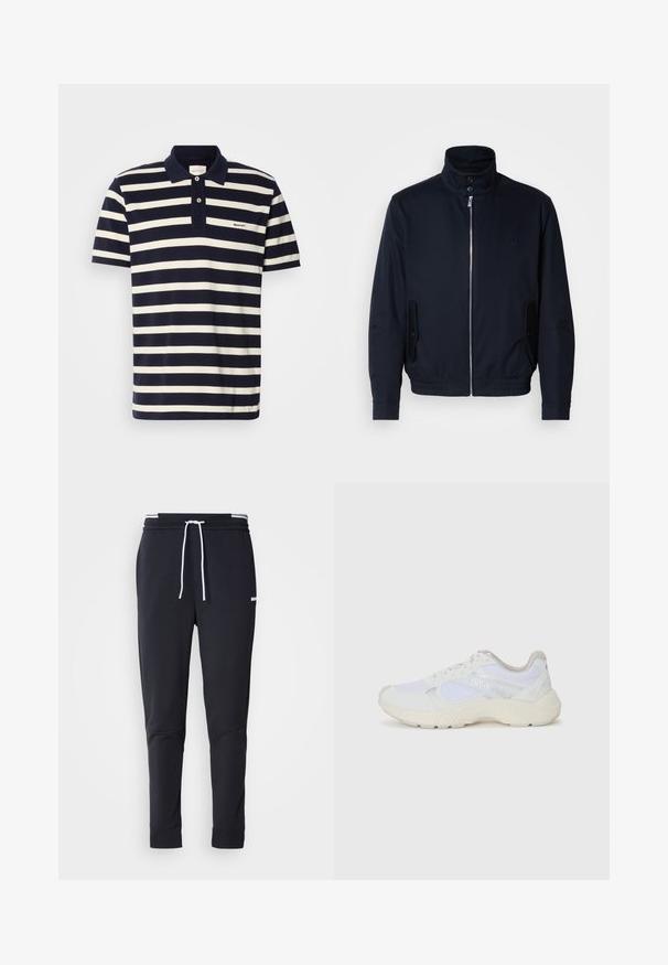 Námořnická modrá bunda s vysokým límcem, předním zipem, bočními kapsami a vroubkovanými manžetami. Hladká textura s jemným logem na hrudi.; Námořnická modrá a bílá pruhovaná polo triko, krátké rukávy, bavlněný materiál, dvouknoflíková légou, vyšívané logo na prsou.; Černé slim-fit jogger kalhoty s bílým stahovacím proužkem, elastickým pasem s bílými pruhy a malým bílým logem na horní části stehna.; Bílé sportovní boty vyrobené z síťoviny a semiše, s texturovanou mezipodešví, texturovanými akcenty a logem "HUGO" na boku.
