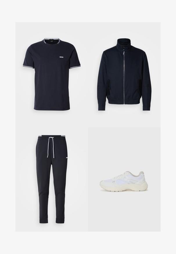 Casaco azul marinho com colarinho alto, fecho éclair frontal, bolsos laterais e punhos canelados. Textura suave com um detalhe logo discreto no peito.; Camisa de algodoã de cor azul-marinho com decote redondo, apresentando detalhes em riscas brancas na gola e nas mangas, e um pequeno logótipo branco no peito.; Calças de jogger ajustadas pretas com cordão branco, cintura elástica com riscas brancas e pequeno logo branco na parte superior da coxa.; Ténis brancos desportivos feitos de malha e camurça, com uma entressola texturizada, elementos texturizados e o logótipo "HUGO" na lateral.