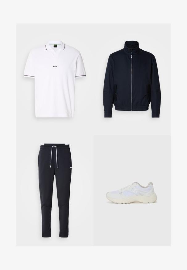 Granatowa kurtka z wysokim kołnierzem, przednim zamkiem, bocznymi kieszeniami i ściągaczami na mankietach. Gładka tekstura z subtelnym logo na klatce piersiowej.; Biała koszulka polo z teksturowanej tkaniny. Posiada dekolt w serek, krótkie rękawy oraz ciemnoszare akcenty na kołnierzu i mankietach. Widoczny logo "BOSS".; Czarne, dopasowane spodnie dresowe z białym sznurkiem zaciskowym, elastycznym pasem w białe paski oraz małym białym logo na górnej części uda.; Białe sportowe buty wykonane z siateczki i zamszu, z teksturowaną podeszwą środkową, teksturowanymi akcentami i logo "HUGO" z boku.
