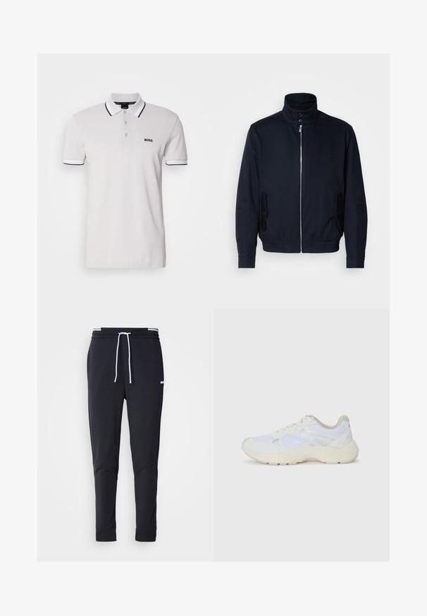 Tamsiai mėlyna striukė su aukšta apykakle, priekine užtrauktuku, šoninėmis kišenėmis ir gipiūriniais rankogaliais. Lygus paviršius su subtiliu logotipu ant krūtinės.; Balta polo marškiniai, pagaminti iš medvilnės, su juodu apvadu ant kaklo ir rankovių. Prekės ženklo "BOSS" logotipas išsiuvinėtas ant kairiojo krūtinės.; Juodi liekni džinsai su balta raišteliu, elastinga juosmens juosta su baltais raštais ir maža balta logotipu viršutiniame šlaunies taške.; Balti sportiniai bateliai, pagaminti iš tinklinės medžiagos ir zomšos, su tekstūruotu viduriu, tekstūruotais akcentais ir „HUGO“ logotipu šone.