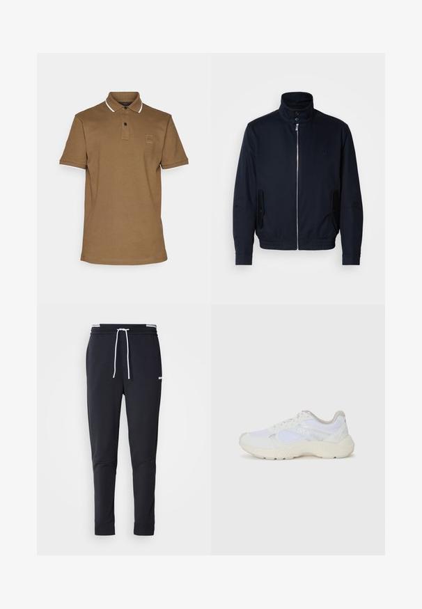 Giacca blu navy con colletto alto, zip frontale, tasche laterali e polsini a coste. Texture liscia con un sottile dettaglio del logo sul petto.; Polo marrone con colletto, bordino bianco sulle maniche, chiusura a due bottoni e una piccola etichetta con logo sul petto. Tessuto misto cotone.; Pantaloni jogger slim-fit neri con cordoncino bianco, vita elastica con strisce bianche e piccolo logo bianco sulla coscia superiore.; Scarpe da ginnastica bianche in mesh e suede, con una suola intermedia testurizzata, dettagli testurizzati e il logo "HUGO" sul lato.