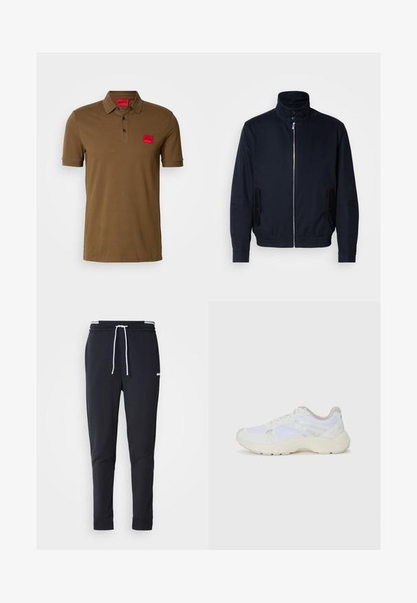 Námořnická modrá bunda s vysokým límcem, předním zipem, bočními kapsami a vroubkovanými manžetami. Hladká textura s jemným logem na hrudi.; Hnědá polo košile vyrobená z hladké bavlny. Obsahuje klopu na tři knoflíky, krátké rukávy a červenou nášivku na hrudi.; Černé slim-fit jogger kalhoty s bílým stahovacím proužkem, elastickým pasem s bílými pruhy a malým bílým logem na horní části stehna.; Bílé sportovní boty vyrobené z síťoviny a semiše, s texturovanou mezipodešví, texturovanými akcenty a logem "HUGO" na boku.