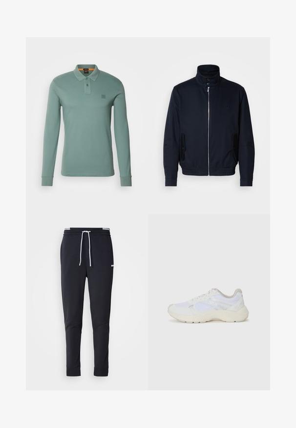 Marineblå jakke med høj krave, frontlynlås, sidelommer og ribstrikkede manchetter. Glat tekstur med en diskret logo detaljer på brystet.; BOSS PASSERBY - Poloshirts - open green; Sorte slim-fit joggingbukser med hvid snor, elastisk talje med hvide striber og lille hvidt logo på den øverste lår.; Hvide sportssko lavet af mesh og ruskind, med en struktureret mellemsål, strukturerede detaljer og "HUGO"-logoet på siden.