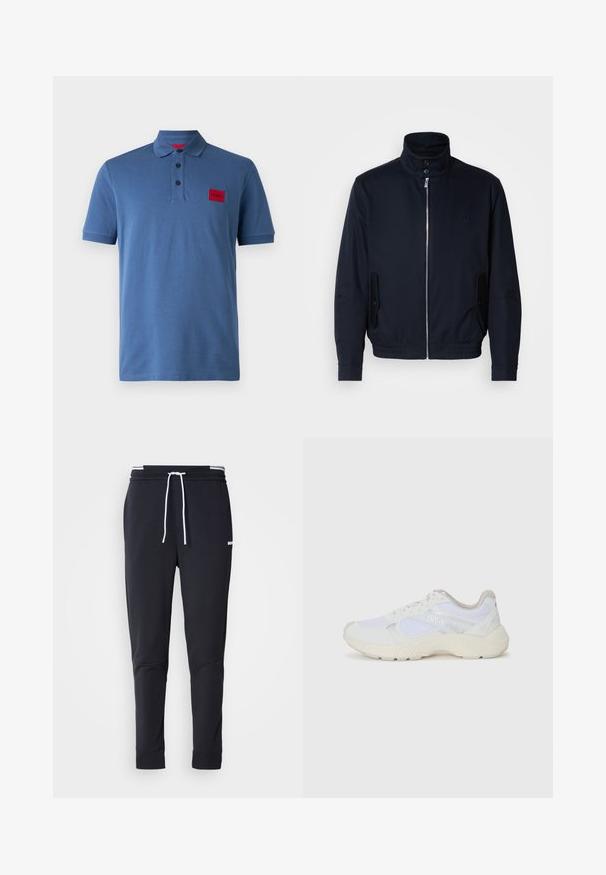 Námořnická modrá bunda s vysokým límcem, předním zipem, bočními kapsami a vroubkovanými manžetami. Hladká textura s jemným logem na hrudi.; Modrá polo tričko vyrobené z hladké tkaniny. Obsahuje límec, knoflíkovou légu se třemi knoflíky a červenou nášivku loga na levé hrudi. Krátké rukávy.; Černé slim-fit jogger kalhoty s bílým stahovacím proužkem, elastickým pasem s bílými pruhy a malým bílým logem na horní části stehna.; Bílé sportovní boty vyrobené z síťoviny a semiše, s texturovanou mezipodešví, texturovanými akcenty a logem "HUGO" na boku.