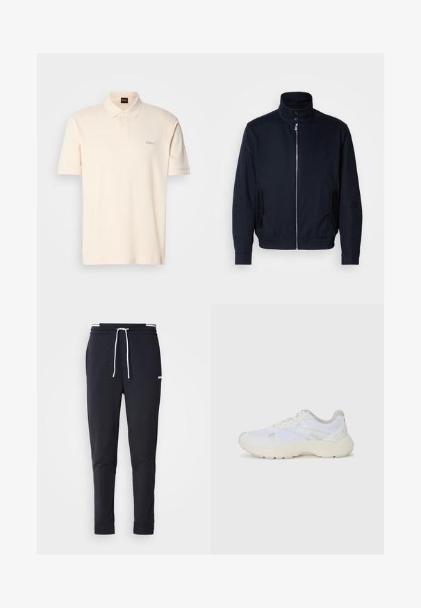 Námořnická modrá bunda s vysokým límcem, předním zipem, bočními kapsami a žebrovanými manžetami. Hladká textura s jemným logem na hrudi.; Krémové polo tričko vyrobené z bavlny, s dvojitým gombíkom a malým vyšitým logom "BOSS" na ľavej hrudi. Krátke rukávy.; Čierne slim-fit jogger nohavice s bielym šnurovaním, elastickým pásom s bielymi pruhmi a malým bielym logom na hornej stehne.; Biele atletické topánky vyrobené z materiálov sieťoviny a semišu, s textúrovanou strednou podošvou, textúrovanými akcentmi a logom "HUGO" na boku.