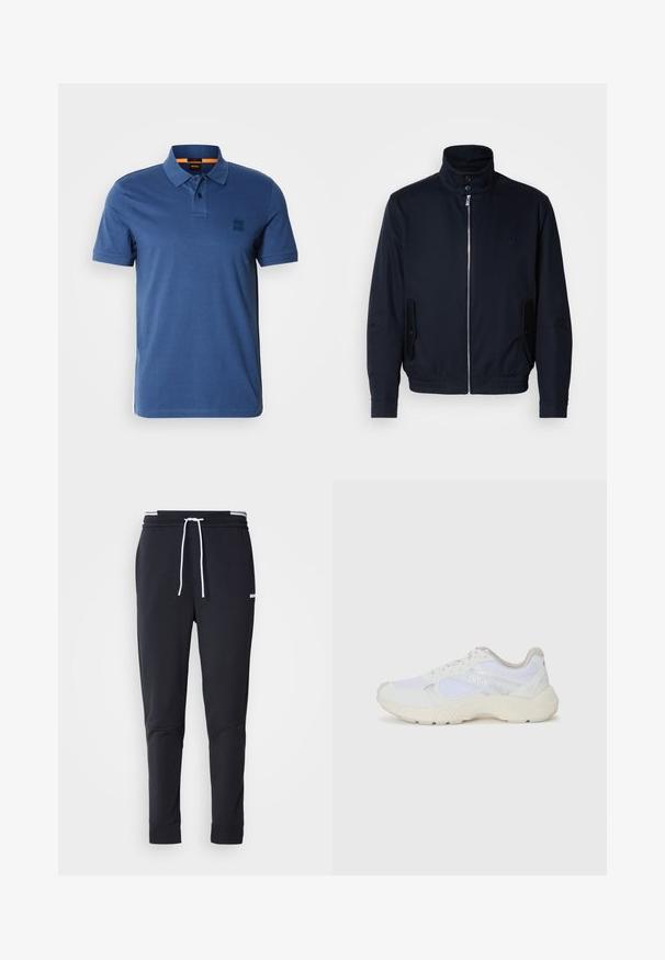 Námořnická modrá bunda s vysokým límcem, předním zipem, bočními kapsami a vroubkovanými manžetami. Hladká textura s jemným logem na hrudi.; Námořnická modrá polo tričko vyrobené z bavlny, s klasickým límcem, třemi knoflíky a malou nášivkou na hrudi.; Černé slim-fit jogger kalhoty s bílým stahovacím proužkem, elastickým pasem s bílými pruhy a malým bílým logem na horní části stehna.; Bílé sportovní boty vyrobené z síťoviny a semiše, s texturovanou mezipodešví, texturovanými akcenty a logem "HUGO" na boku.
