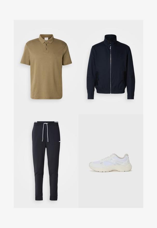 Marinblå jacka med hög krage, frontdragkedja, sidofickor och ribbade ärmar. Slät textur med en diskret logodetalj på bröstet.; Olivgrön polo skjorta i mjukt material, med klassisk krage, tre knappar och en liten logotyp broderad på bröstet.; Svarta slim-fit joggerbyxor med vit dragsko, elastisk midja med vita ränder och en liten vit logotyp på övre låret.; Vitaidrottsskor i mesh och mocka med en strukturerad mellansula, texturerade accenter och "HUGO"-logotypen på sidan.