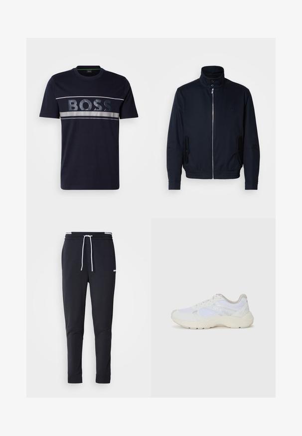 Marineblaue Jacke mit hohem Kragen, Vorderreißverschluss, seitlichen Taschen und gerippten Bündchen. Glatte Textur mit einem dezenten Logodetail auf der Brust.; Navyblaue Kurzarm-T-Shirt aus Baumwolle. Mit einem glänzenden "BOSS"-Logo über der Brust und kontrastierenden grauen Streifenakzenten.; Schwarze Slim-Fit-Jogginghose mit weißem Kordelzug, elastischem Bund mit weißen Streifen und kleinem weißen Logo am oberen Oberschenkel.; Weiße Sportschuhe aus Mesh und Wildleder, mit einer strukturierten Zwischensohle, strukturierten Akzenten und dem "HUGO"-Logo an der Seite.