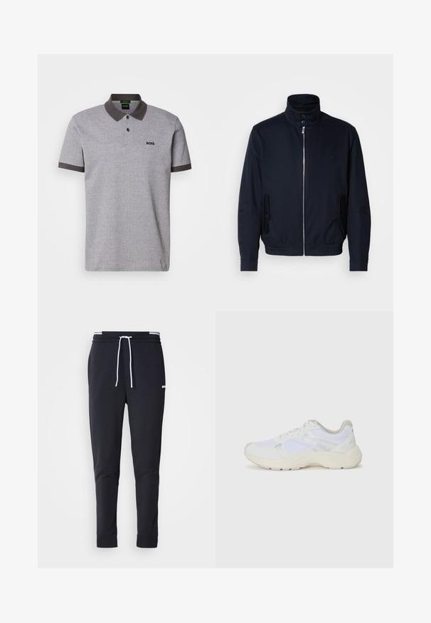 Tengerészkék dzseki magas gallérral, elülső cipzárral, oldalsó zsebekkel és bordázott mandzsettákkal. Sima felület, amelyen diszkrét logórészlet található a mellrészen.; Világosszürke pólóing, teljes mintával, sötétszürke gallérral és mandzsettákkal, háromgombos gombolással és hímezett logóval a bal mellkason.; Fekete, slim-fit rakott nadrág fehér zsinórral, elasztikus derékpánttal, fehér csíkokkal, és kisebb fehér logóval a comb felső részén.; Fehér sportcipők, amelyek hálós és velúr anyagból készültek, texturált középtalppal, texturált részletekkel és a "HUGO" logóval az oldalon.