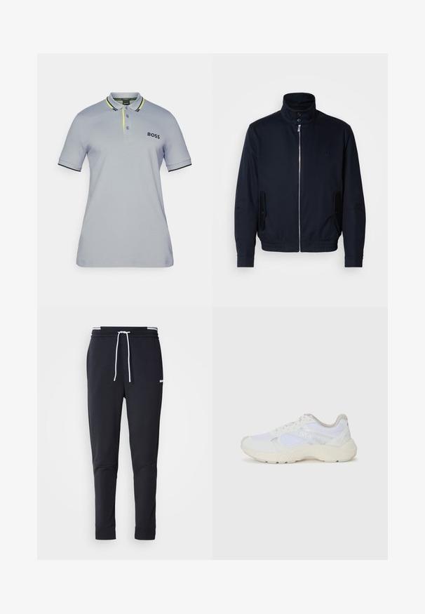Marineblå jakke med høy krage, glidelås foran, sidelommer og ribbestrikkede mansjetter. Glatt tekstur med en subtil logo detaljer på brystet.; Lys grå polo-skjorte med svarte og skarpe gule detaljer. Har krage, tre-knappers pløs og brodert logo på brystet.; Sorte slim-fit joggebukser med hvit snor, elastisk midjebånd med hvite striper, og en liten hvit logo på overlåret.; Hvit idrettssko laget av mesh og skinn, med en teksturert mellomsåle, teksturerte detaljer og "HUGO"-logo på siden.