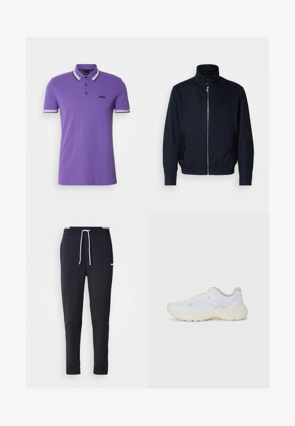 Marineblå jakke med høy krage, glidelås foran, sidelommer og ribbestrikkede mansjetter. Glatt tekstur med en subtil logo detaljer på brystet.; Lilla polo med tradisjonell krage, med tre knapper, svart og hvit stripete detaljer på kragen og ermene, samt en liten logo.; Sorte slim-fit joggebukser med hvit snor, elastisk midjebånd med hvite striper, og en liten hvit logo på overlåret.; Hvit idrettssko laget av mesh og skinn, med en teksturert mellomsåle, teksturerte detaljer og "HUGO"-logo på siden.