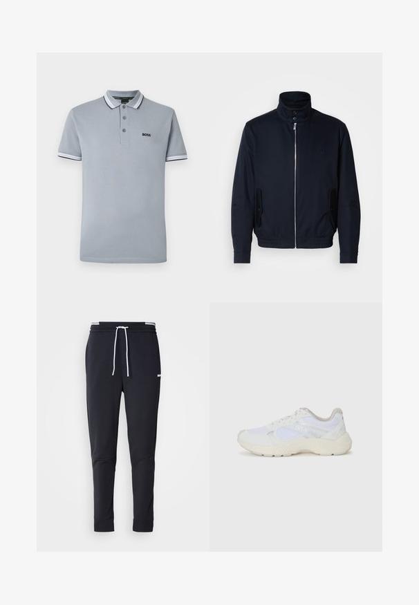 Námořnická modrá bunda s vysokým límcem, předním zipem, bočními kapsami a vroubkovanými manžetami. Hladká textura s jemným logem na hrudi.; Světle šedé polo tričko s třemi knoflíky, dvoubarevným lemováním na límci a rukávech a malým černým logem "BOSS" na hrudi.; Černé slim-fit jogger kalhoty s bílým stahovacím proužkem, elastickým pasem s bílými pruhy a malým bílým logem na horní části stehna.; Bílé sportovní boty vyrobené z síťoviny a semiše, s texturovanou mezipodešví, texturovanými akcenty a logem "HUGO" na boku.