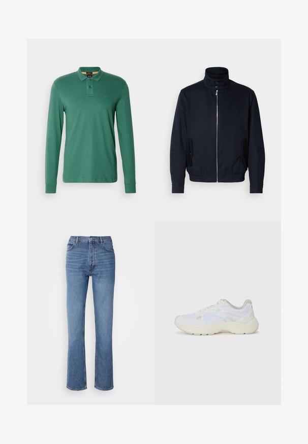 Tamsiai mėlyna striukė su aukšta apykakle, priekine užtrauktuku, šoninėmis kišenėmis ir gipiūriniais rankogaliais. Lygus paviršius su subtiliu logotipu ant krūtinės.; Žalios spalvos medvilnės polo marškiniai su ilgomis rankovėmis, turi dviejų mygtukų užsegimą ir subtilų logotipą ant krūtinės. Minkšta tekstūra, klasikinis siluetas.; Mėlyni džinsai su aukštu liemeniu, tiesaus kirpimo dizainu ir subtiliu išblukimu. Turi klasikinį penkių kišenių stilių ir užtrauktuko uždarymą.; Balti sportiniai bateliai, pagaminti iš tinklinės medžiagos ir zomšos, su tekstūruotu viduriu, tekstūruotais akcentais ir „HUGO“ logotipu šone.