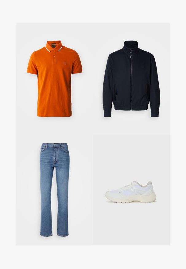 Mornarsko moder plašč z visokim ovratnikom, sprednjim zadrge, stranskimi žepi in rebrastimi manšetami. Gladka tekstura s subtilno detajlom logotipa na prsih.; Oranžna polo majica iz bombaža, s prsnim delom z dvema gumboma, belimi poudarki na ovratniku in rokavih ter blagovno oznako.; Modre kavbojke z visokim pasom, ravno krojenjem in rahlim bledenjem. Imajo klasičen pet-pocket stil in zapiranje na zadrgo.; Bela športna obuvala iz mrežastega in semiš materiala, z teksturiranim podplatom, teksturiranimi dodatki in logotipom "HUGO" na strani.