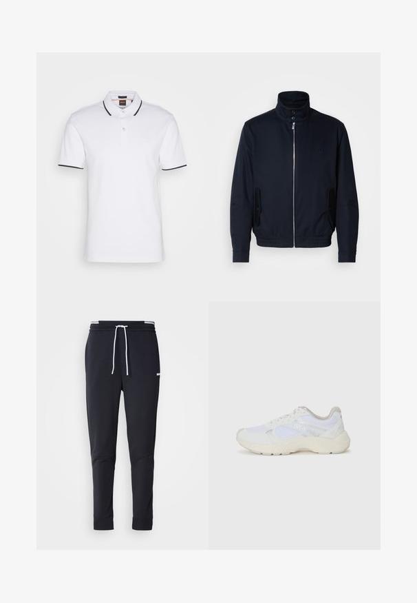 Granatowa kurtka z wysokim kołnierzem, przednim zamkiem, bocznymi kieszeniami i ściągaczami na mankietach. Gładka tekstura z subtelnym logo na klatce piersiowej.; Biała koszulka polo wykonana z bawełny, z kołnierzykiem, zapięciem na trzy guziki oraz czarnym wykończeniem na rękawach i kołnierzyku; naszywka z logo na piersi.; Czarne, dopasowane spodnie dresowe z białym sznurkiem zaciskowym, elastycznym pasem w białe paski oraz małym białym logo na górnej części uda.; Białe sportowe buty wykonane z siateczki i zamszu, z teksturowaną podeszwą środkową, teksturowanymi akcentami i logo "HUGO" z boku.