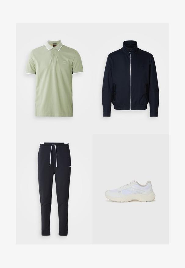 Marineblaue Jacke mit hohem Kragen, Vorderreißverschluss, seitlichen Taschen und gerippten Bündchen. Glatte Textur mit einem dezenten Logodetail auf der Brust.; Hellgrünes Polohemd aus Baumwolle, mit klassischem Kragen, Knopfleiste mit zwei Knöpfen und weißen Akzenten am Kragen und den Ärmeln. Quadratförmiges Logo auf der Brust.; Schwarze Slim-Fit-Jogginghose mit weißem Kordelzug, elastischem Bund mit weißen Streifen und kleinem weißen Logo am oberen Oberschenkel.; Weiße Sportschuhe aus Mesh und Wildleder, mit einer strukturierten Zwischensohle, strukturierten Akzenten und dem "HUGO"-Logo an der Seite.