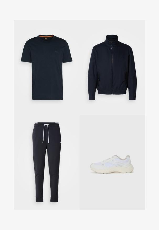 Marineblå jakke med høy krage, glidelås foran, sidelommer og ribbestrikkede mansjetter. Glatt tekstur med en subtil logo detaljer på brystet.; Mørkeblå t-skjorte med korte ermer laget av myk bomull, med rund hals og en subtil "BOSS"-logo på venstre brystområde. Oransje detalj på innsiden.; Sorte slim-fit joggebukser med hvit snor, elastisk midjebånd med hvite striper, og en liten hvit logo på overlåret.; Hvit idrettssko laget av mesh og skinn, med en teksturert mellomsåle, teksturerte detaljer og "HUGO"-logo på siden.